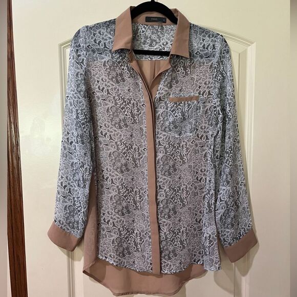 ANTHROPOLOGIE THML Long Sleeve Button Down Blouse Brown Black Women’s Size M - Picture 1 of 6